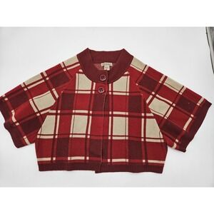 Vintage ART & SOUL Sweater XL Cardigan Capelet Red Tan Plaid Retro Rockabilly